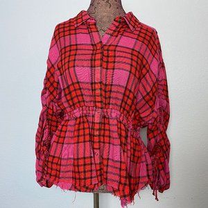 Free People Red Peplum Plaid Top